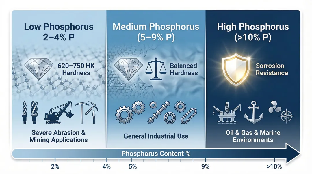 Electroless nickel plating phosphorus content comparison chart hardness and corrosion resistance