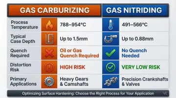 Carburizing versus nitriding case hardening process comparison key metrics side by side