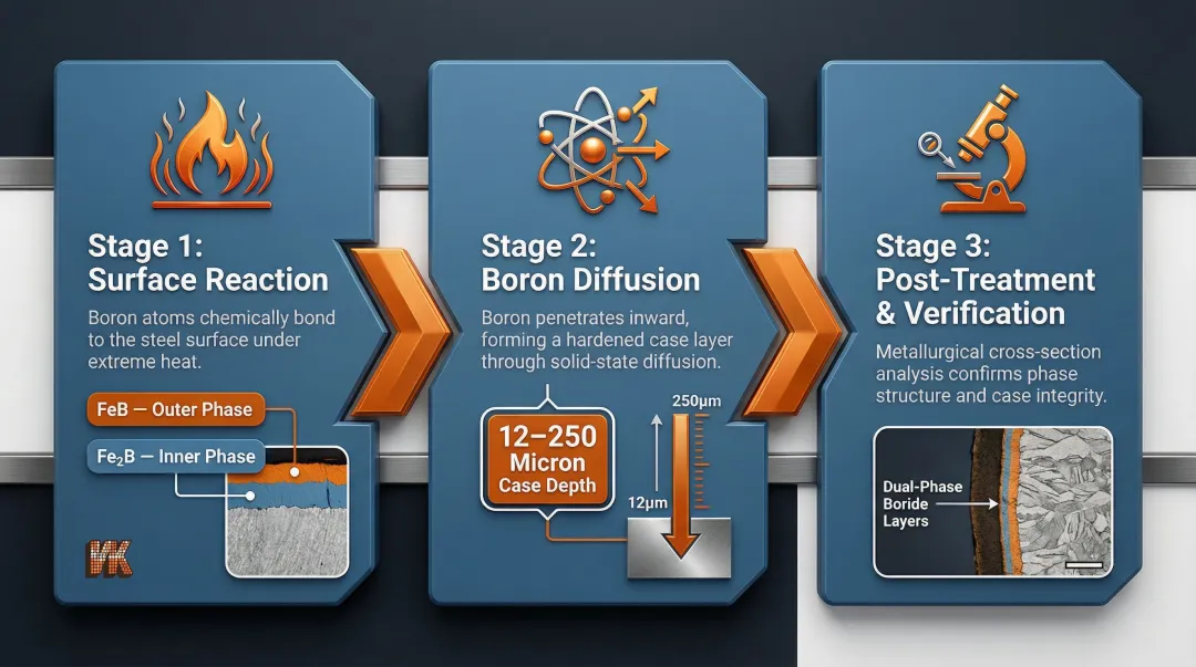 Three-step boronizing process flow from surface reaction to post-treatment verification
