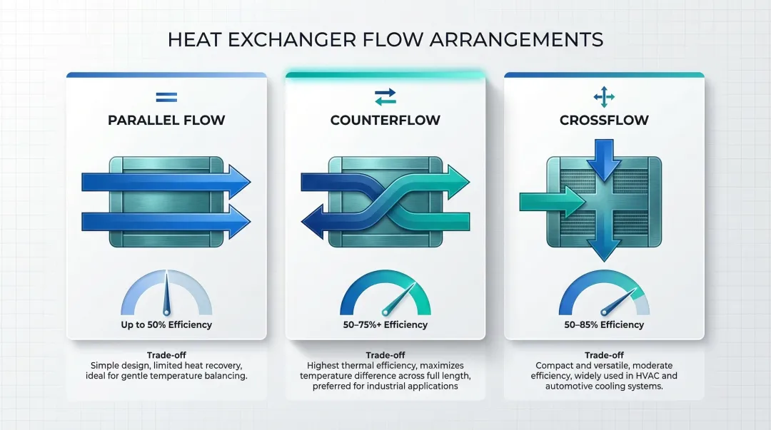 Three air heat exchanger flow arrangements parallel counterflow and crossflow compared