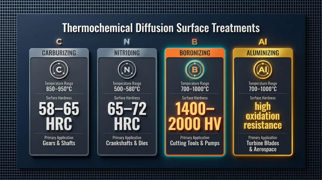 Four thermochemical diffusion treatments comparison chart with hardness and temperature data