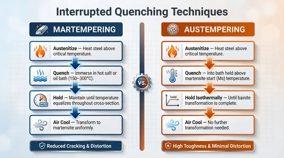 Martempering versus austempering interrupted quenching process comparison infographic