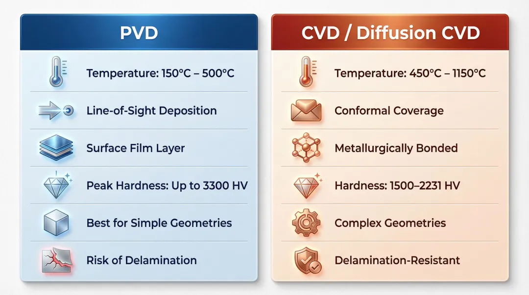PVD versus CVD coating properties side-by-side comparison infographic