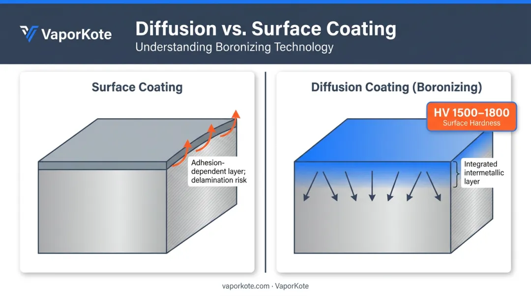 Diffusion coating boronizing process versus surface coating comparison side-by-side diagram