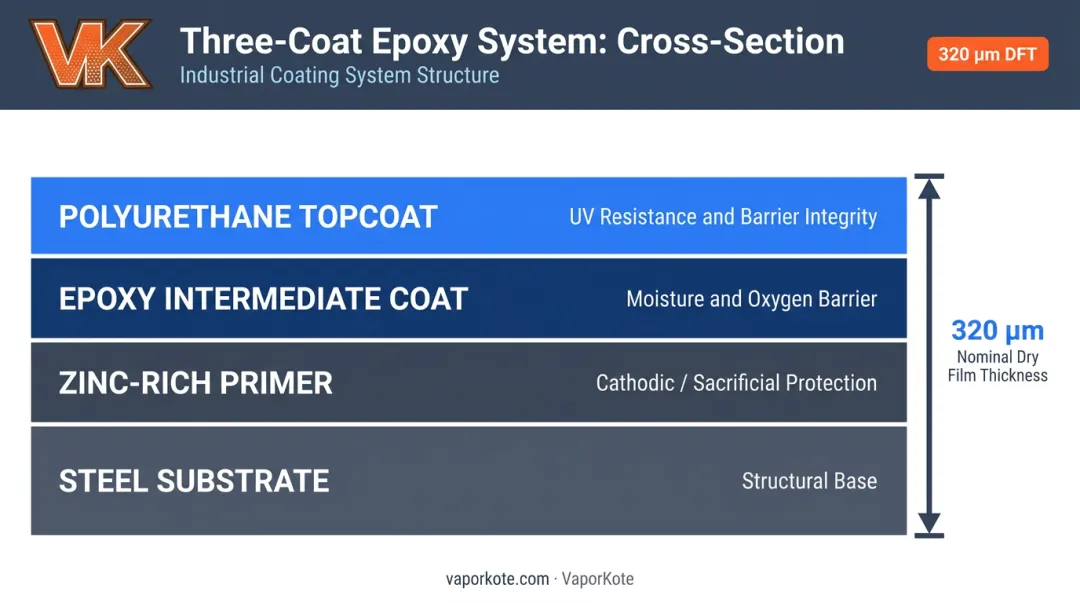 Three-coat epoxy steel protection system zinc primer intermediate topcoat layers diagram