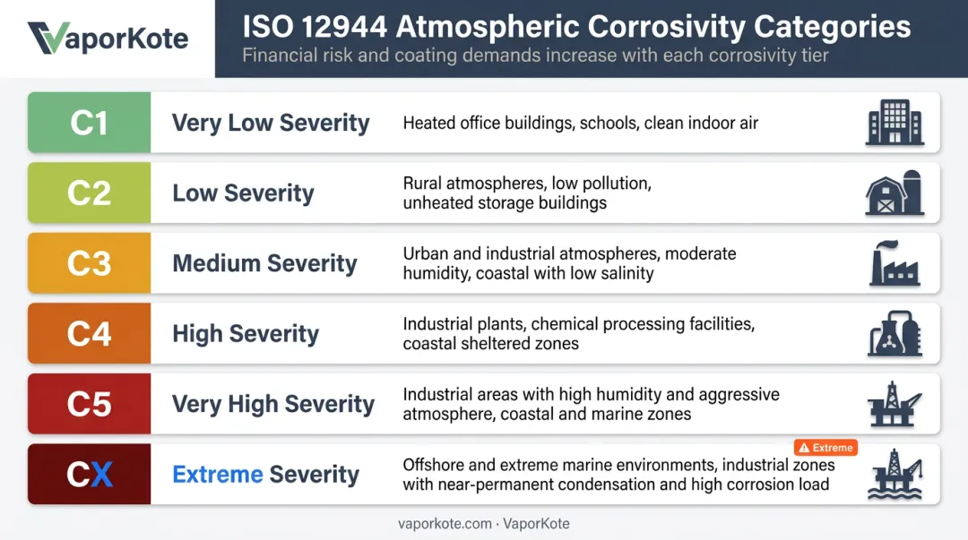 ISO 12944 six corrosivity categories from low to extreme environments infographic