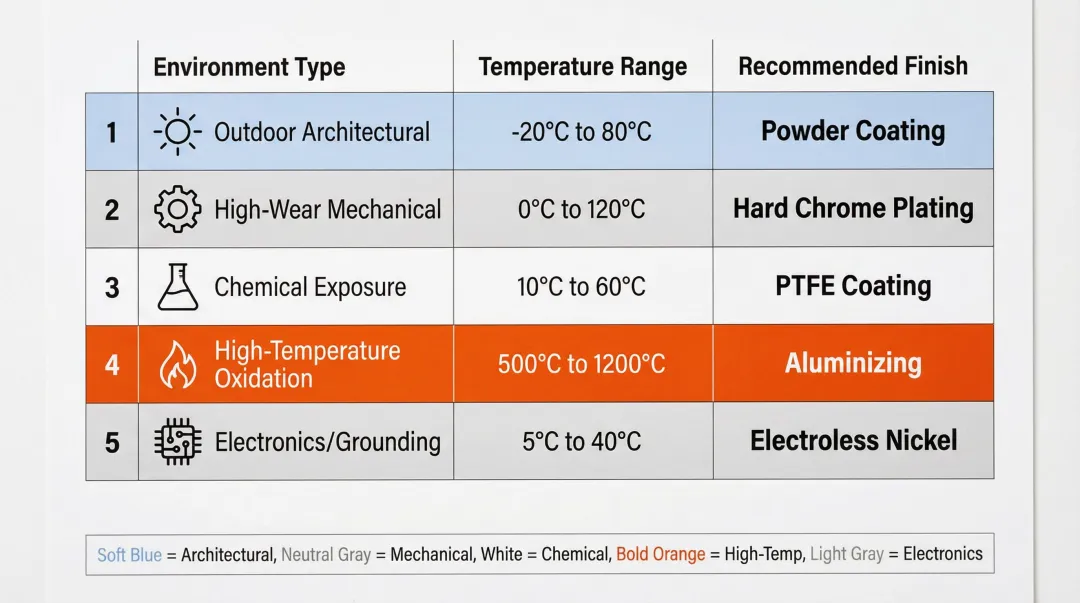 Aluminum surface finish selection guide by operating environment temperature and application type