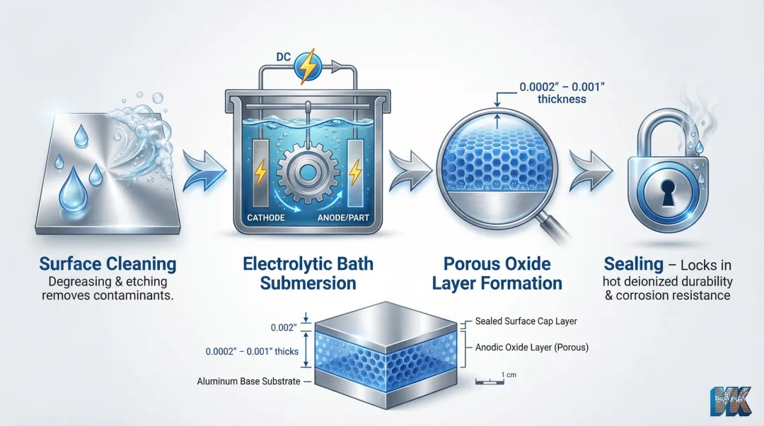 Type II standard anodizing process stages from electrolytic bath to sealed oxide layer