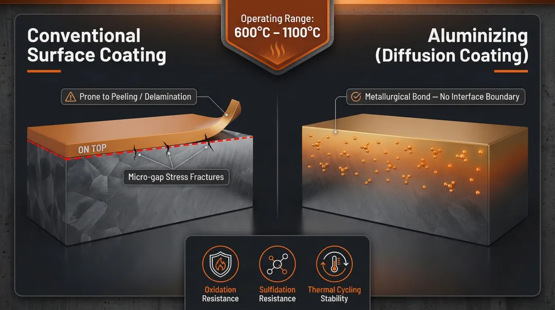 Aluminizing diffusion coating cross-section comparison versus conventional surface coating bonding layers