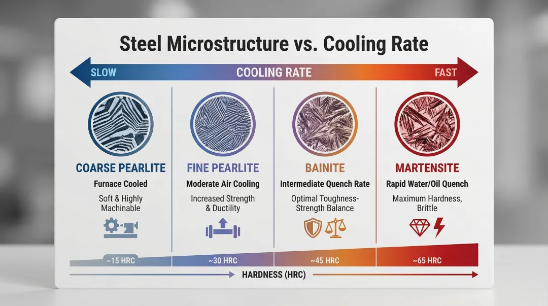 Four steel cooling rate outcomes from coarse pearlite to martensite structure infographic