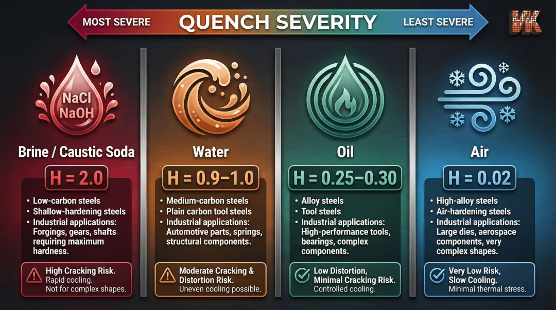 Four steel quench media comparison chart with H-values and alloy steel applications