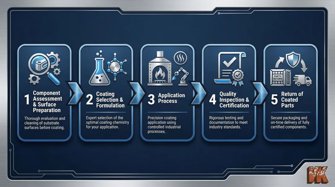Five-step industrial coating application process from component assessment to certified delivery