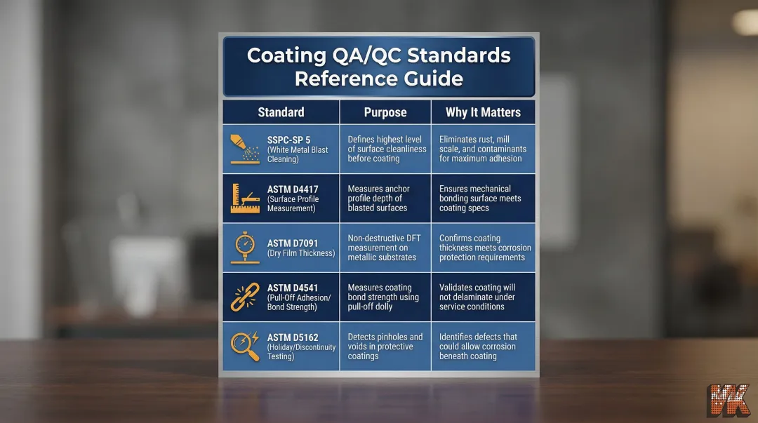 Industrial coating QA QC standards compliance checklist with five key ASTM NACE requirements