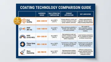 Five industrial coating technologies comparison chart hardness temperature and applications