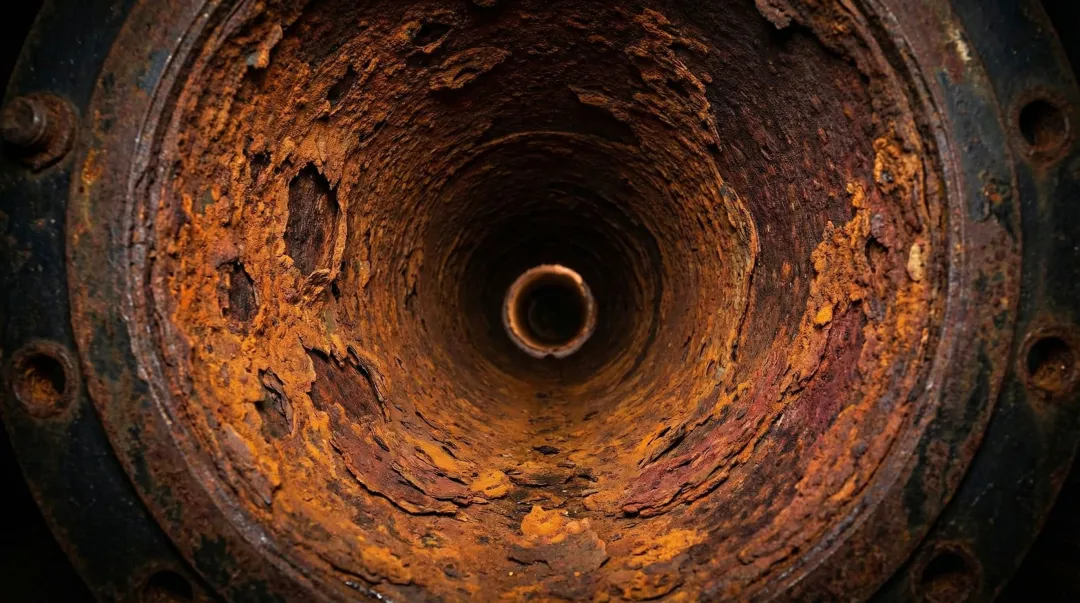 Oil and gas pipeline corrosion damage showing internal metal degradation and failure