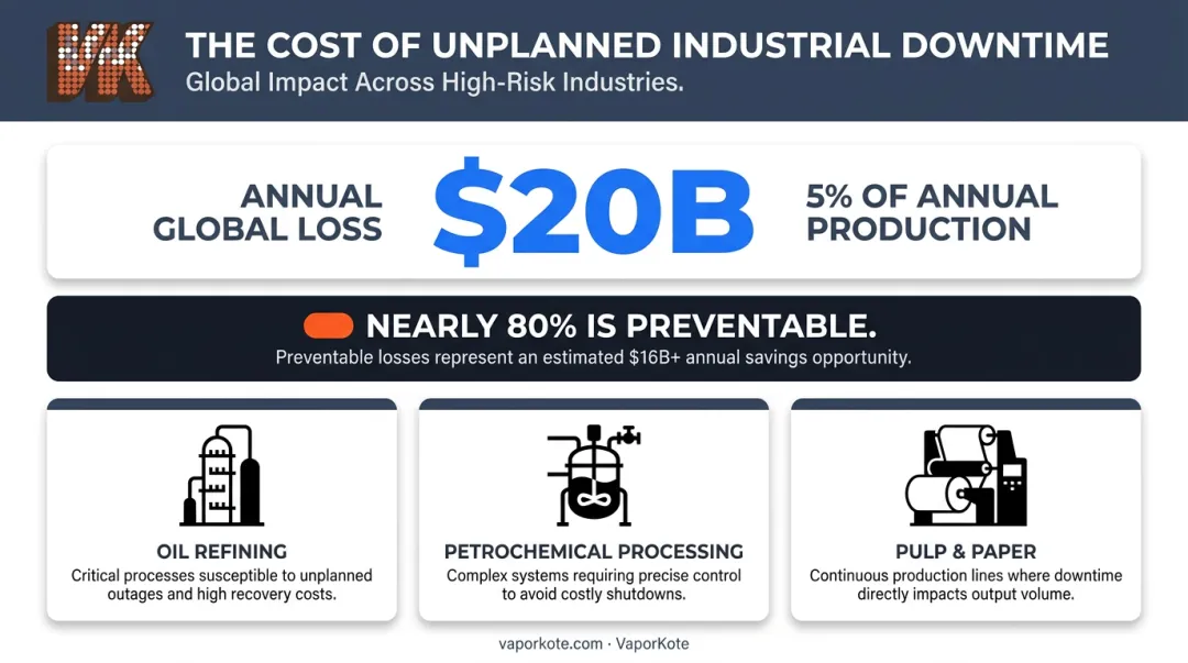 Industrial unplanned downtime annual cost breakdown showing $20 billion global impact