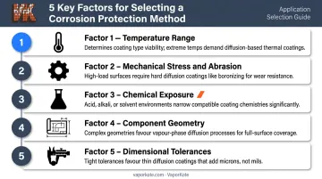 Five-factor corrosion protection method selection criteria decision framework infographic