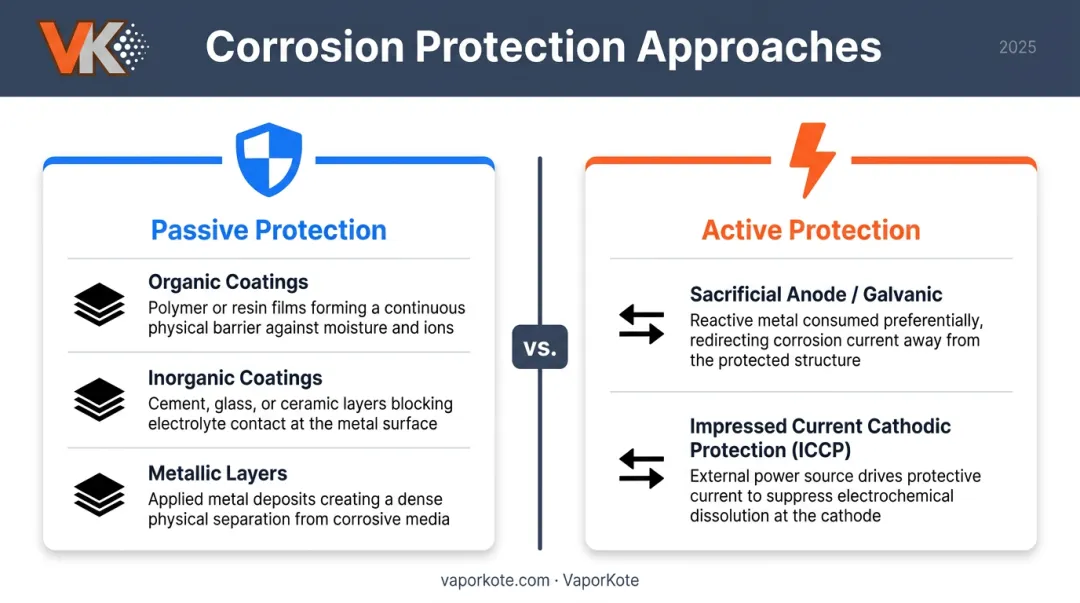 Active versus passive corrosion protection methods side-by-side comparison infographic