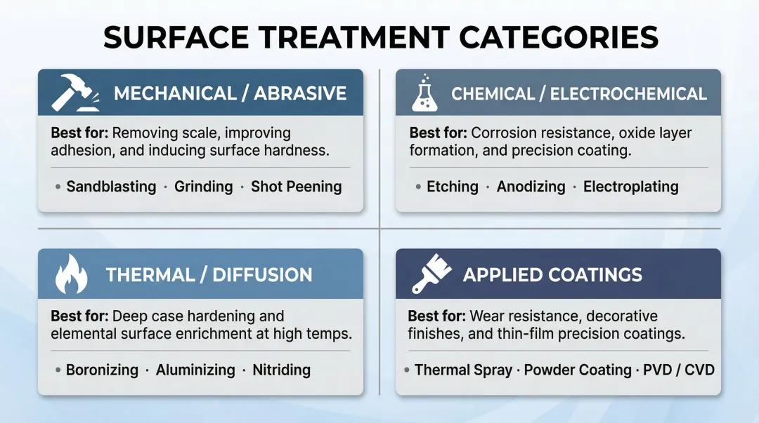 Four surface treatment categories comparison mechanical chemical thermal and applied coatings