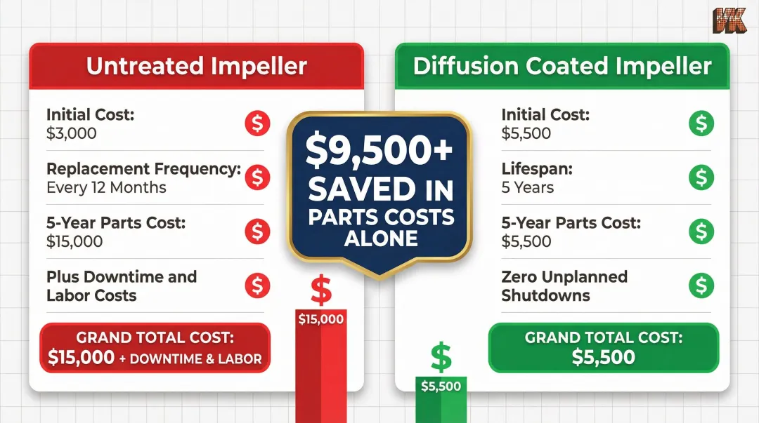 Untreated pump impeller versus diffusion coated total cost of ownership five year comparison