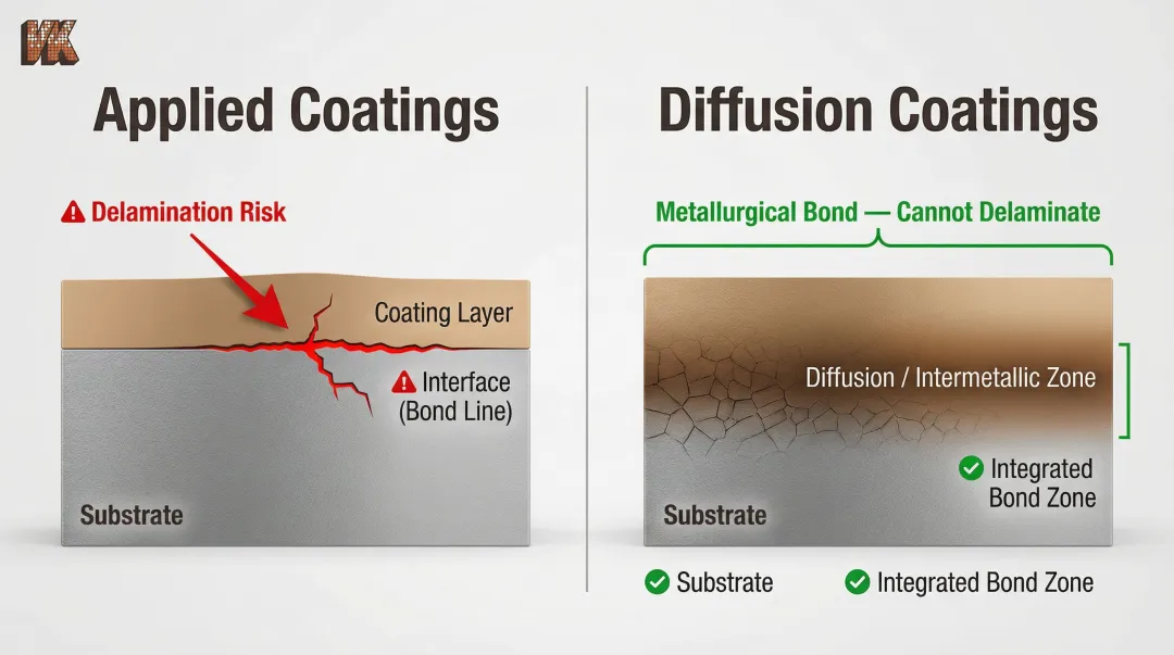 Diffusion coating metallurgical bond versus applied coating delamination failure mode comparison