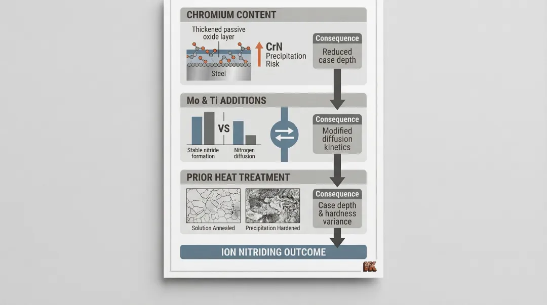 Three alloy composition factors affecting ion nitriding stainless steel outcomes infographic