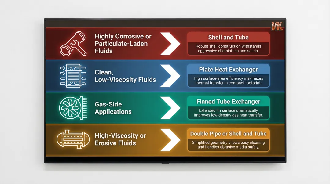 Heat exchanger type selection guide based on four fluid property categories