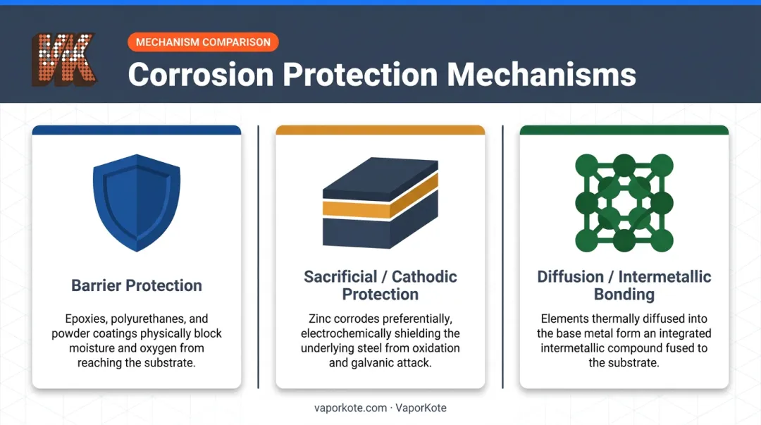 Three corrosion protection mechanisms barrier sacrificial and diffusion coating comparison