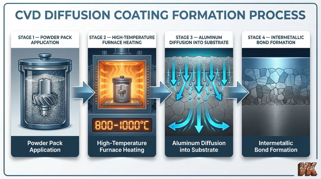 CVD aluminizing diffusion coating process four-stage formation and bonding diagram