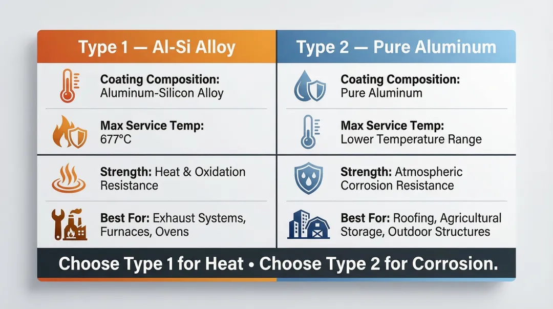 Type 1 versus Type 2 aluminized steel comparison chart key differences