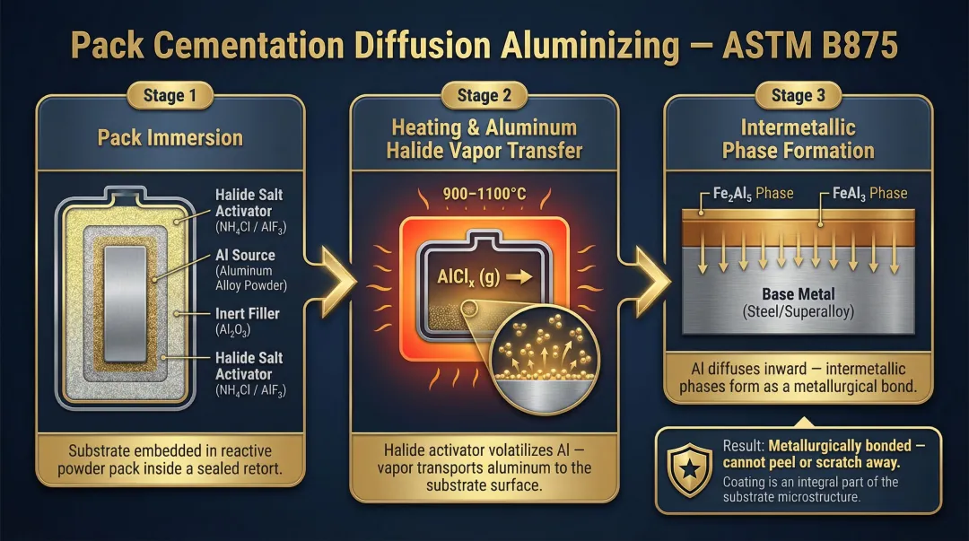 3-step diffusion aluminizing pack cementation CVD process technical diagram