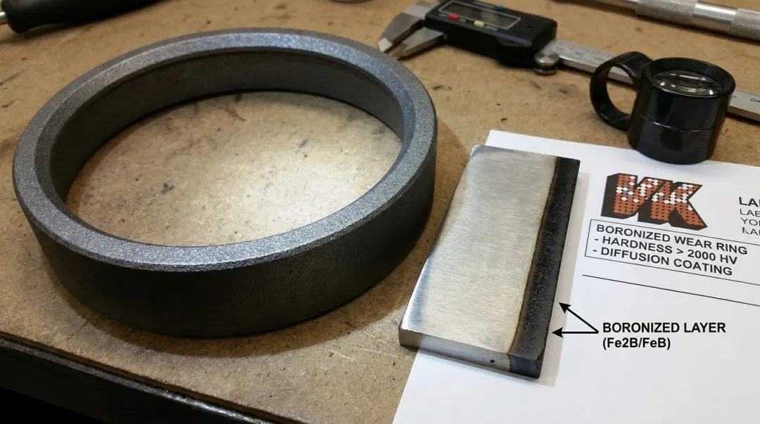 Boronized pump impeller cross-section showing intermetallic diffusion layer surface hardness