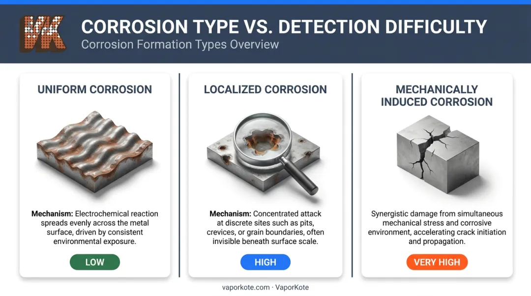 Three industrial corrosion types uniform localized mechanically induced comparison table infographic
