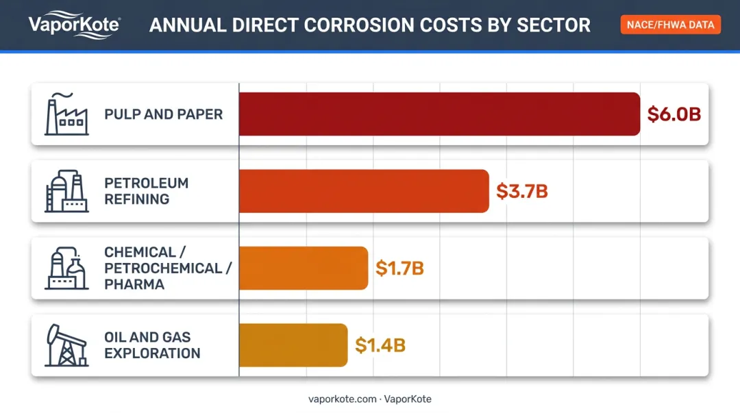 Annual direct corrosion costs by industrial sector comparison bar chart infographic