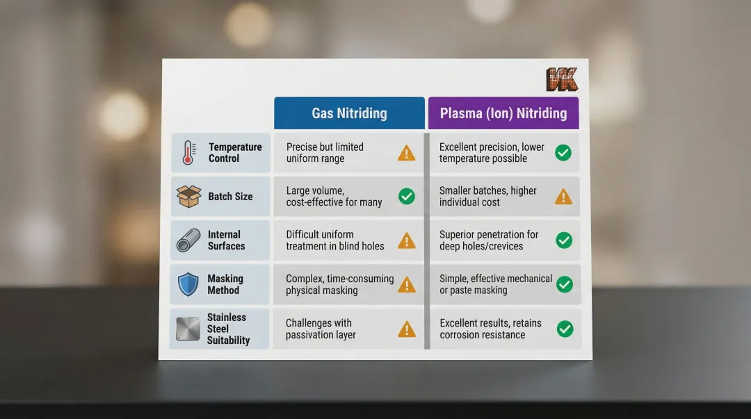 Gas nitriding versus plasma ion nitriding five-category capability comparison infographic