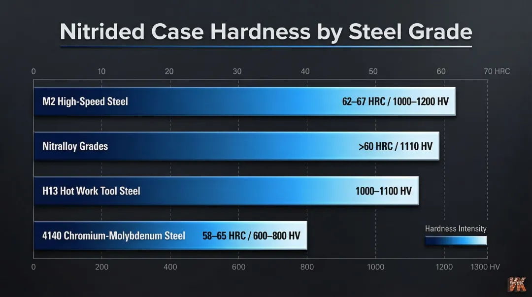 Gas nitriding surface hardness comparison chart by steel grade HRC and HV values