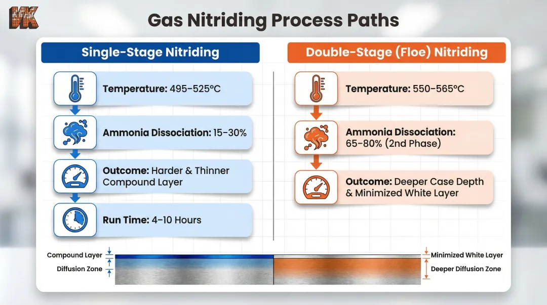 Single-stage versus double-stage gas nitriding process comparison infographic