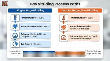 Single-stage versus double-stage gas nitriding process comparison infographic