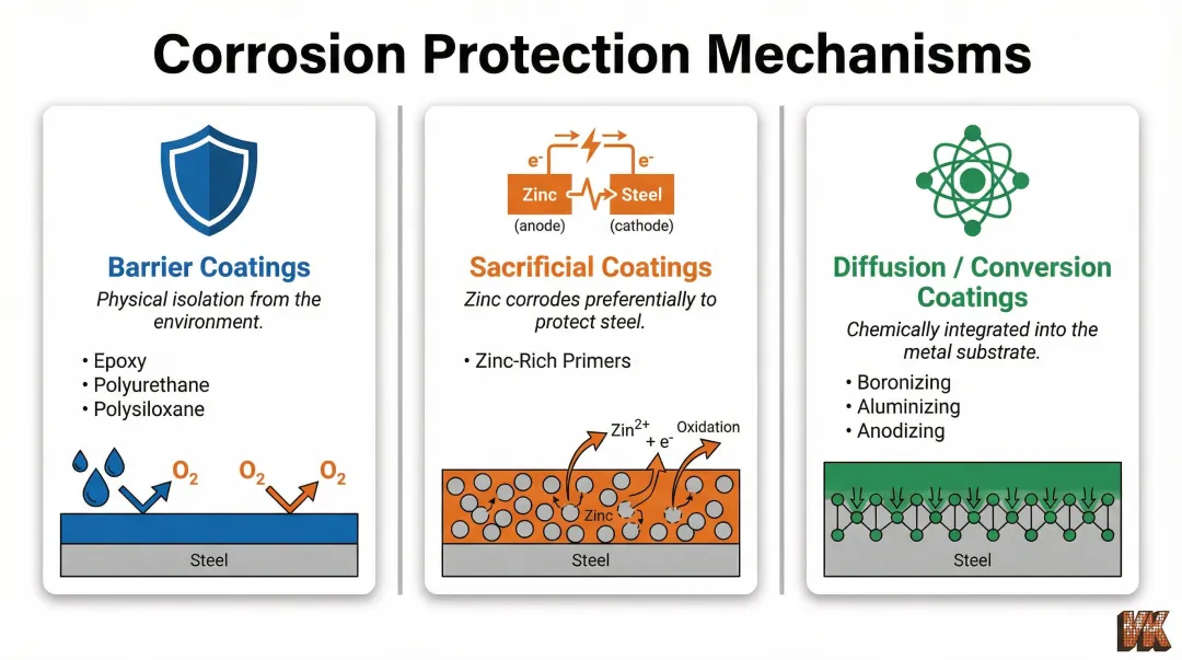 Three corrosion protection mechanisms barrier sacrificial and diffusion coating types