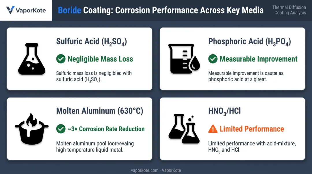 Boride coating corrosion resistance performance across four aggressive industrial chemical environments