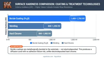Boride coating hardness comparison chart versus nitriding and hard chrome plating