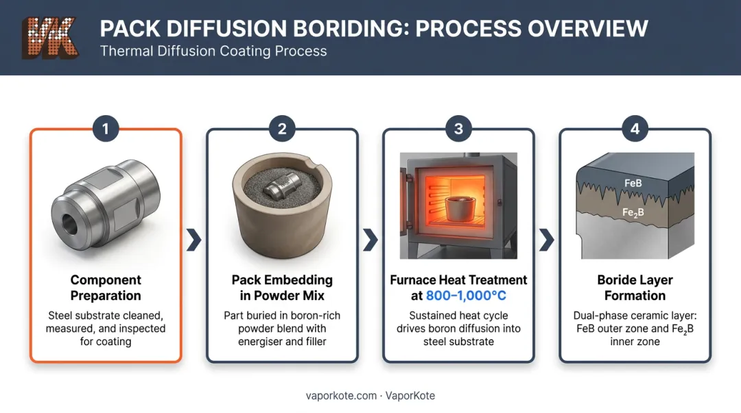 Pack boriding diffusion process steps from powder packing to final boride layer formation