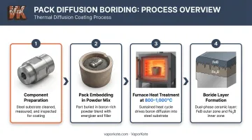 Pack boriding diffusion process steps from powder packing to final boride layer formation