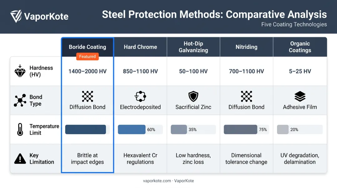Five steel corrosion protection methods side-by-side comparison of hardness bond type and temperature limits