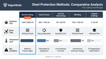 Five steel corrosion protection methods side-by-side comparison of hardness bond type and temperature limits
