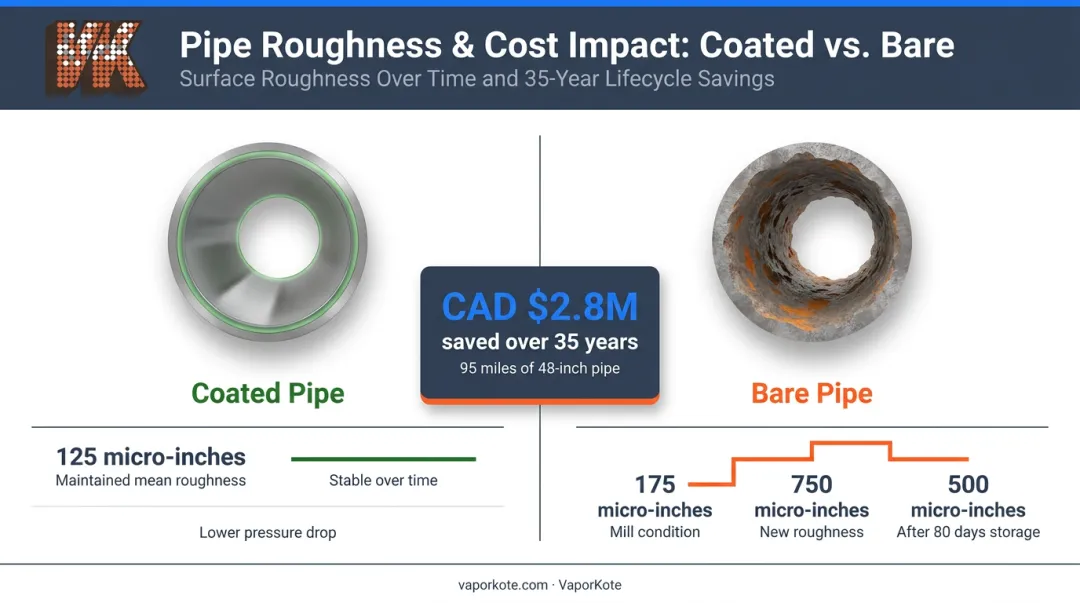 Internal pipe coating versus bare pipe surface roughness comparison and flow cost savings