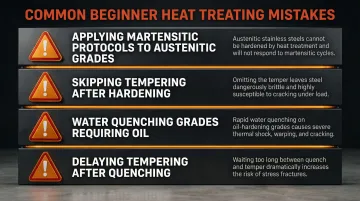Four most common beginner stainless steel heat treating mistakes warning infographic