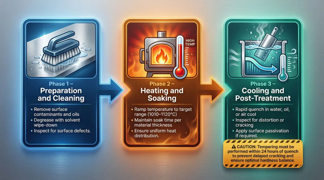 Three-phase stainless steel heat treatment process flow preparation heating cooling