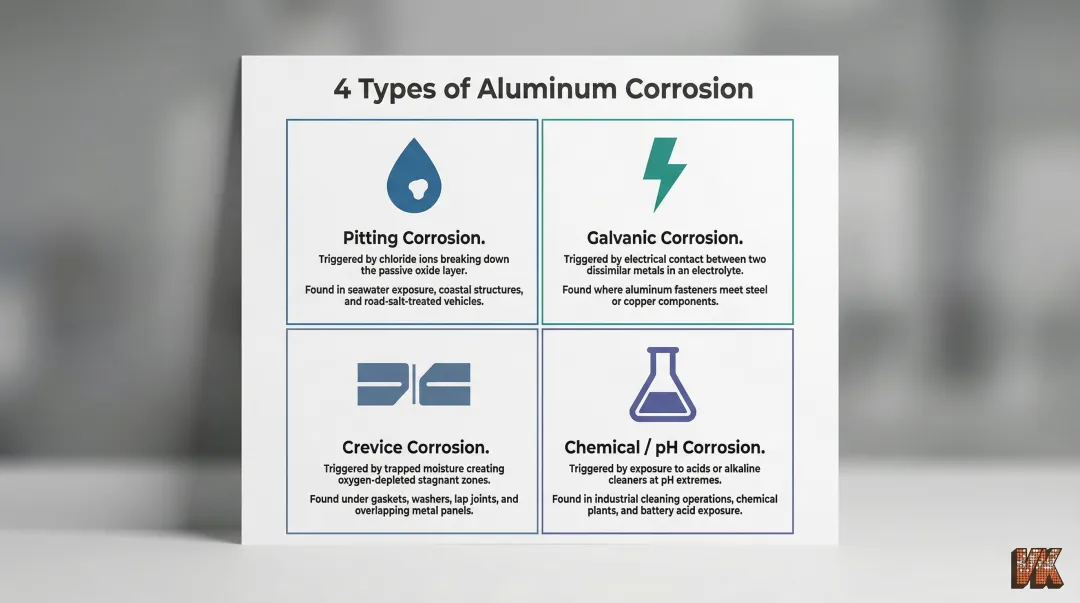 Four types of aluminum corrosion causes mechanisms and typical environments infographic