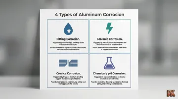 Four types of aluminum corrosion causes mechanisms and typical environments infographic